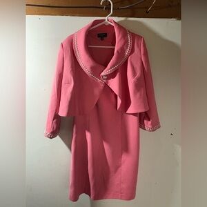 Tahari Pink Pearl-Trim Cropped Blazer with Capelet Overlay